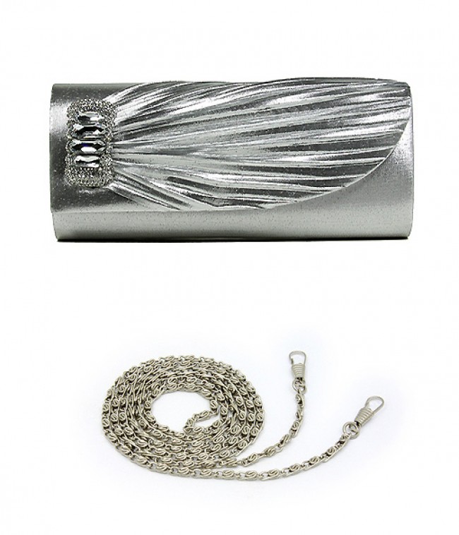Evening Bag - Pleated Satin w/ Rhinestones Accent Charm &ndash; Silver &ndash; BG-92409S